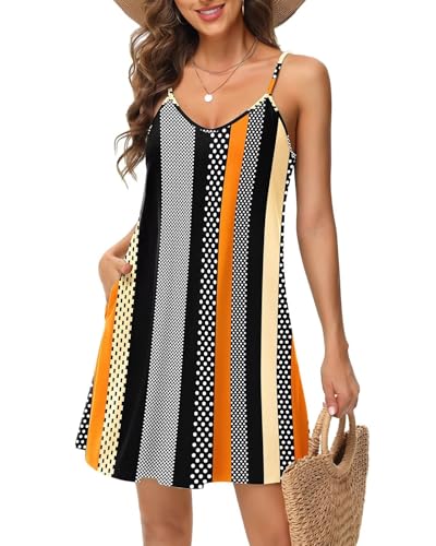 Tanmolo Damen Sommer Kleid Rmellos Kurz Strandkleid Spaghettitrger Knielangen Freizeitkleid S Streifen Polka Dot von Tanmolo