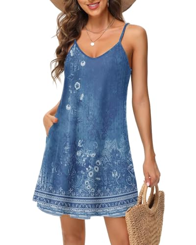Tanmolo Damen Sommer Kleid Rmellos Kurz Strandkleid Spaghettitrger Knielangen Freizeitkleid XS Blaue Blume von Tanmolo