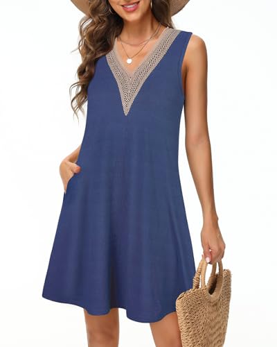 Tanmolo Damen Sommerkleid Kurz Freizeitkleid Spitze V-Ausschnitt Knielang Ärmellos Swing Kleid 2XL Haze Blau von Tanmolo