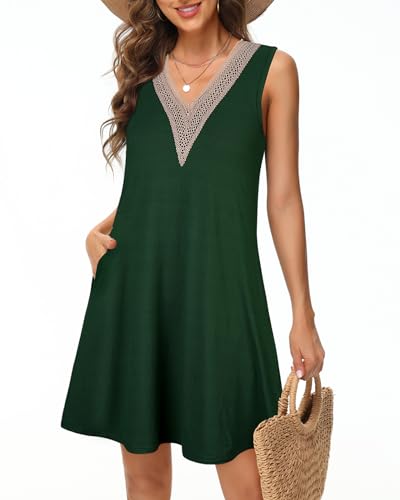Tanmolo Damen Sommerkleid Kurz Freizeitkleid Spitze V-Ausschnitt Knielang Ärmellos Swing Kleid 3XL Grün von Tanmolo