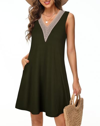 Tanmolo Damen Sommerkleid Kurz Freizeitkleid Spitze V-Ausschnitt Knielang Ärmellos Swing Kleid L Armeegrün von Tanmolo