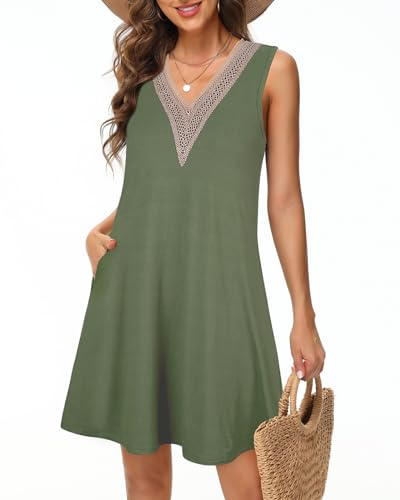 Tanmolo Damen Sommerkleid Kurz Freizeitkleid Spitze V-Ausschnitt Knielang Ärmellos Swing Kleid M Bohne Grün von Tanmolo