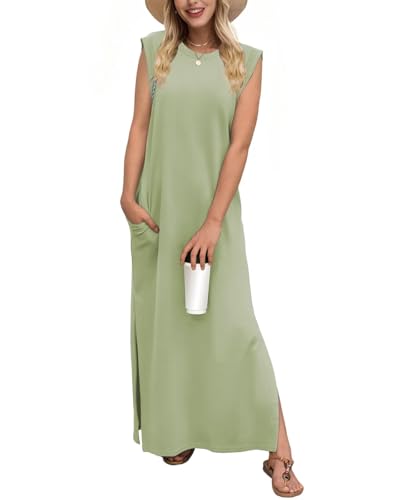 Tanmolo Damen Sommerkleid Rundhals Freizeit Lang Maxikleid Taschen Tunika Strand Kleid Lockerer Seitenschlitzen S Fruchtgrün von Tanmolo