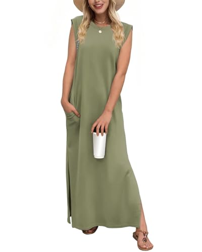 Tanmolo Damen Sommerkleid Rundhals Freizeit Lang Maxikleid Taschen Tunika Strand Kleid Lockerer Seitenschlitzen XL Hellolivgrün Tanmolo Damen Sommerkleid Rundhals Freizeit Lang Maxikleid Taschen Tunika Strand Kleid Lockerer Seitenschlitzen XL Hellolivgrün von Tanmolo