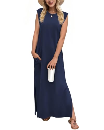 Tanmolo Damen Sommerkleid Rundhals Freizeit Lang Maxikleid Taschen Tunika Strand Kleid Lockerer Seitenschlitzen XL Marineblau von Tanmolo