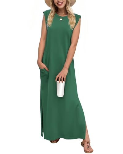 Tanmolo Damen Sommerkleid Rundhals Freizeit Lang Maxikleid Taschen Tunika Strand Kleid Lockerer Seitenschlitzen XXL Dunkelgrün von Tanmolo