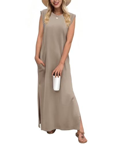 Tanmolo Damen Sommerkleid Rundhals Freizeit Lang Maxikleid Taschen Tunika Strand Kleid Lockerer Seitenschlitzen XXL Grau Khaki von Tanmolo