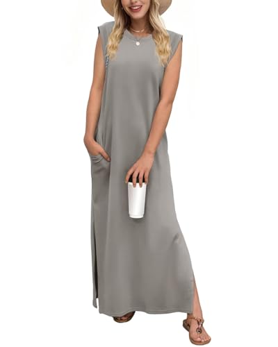 Tanmolo Damen Sommerkleid Rundhals Freizeit Lang Maxikleid Taschen Tunika Strand Kleid Lockerer Seitenschlitzen XXL Graubraun von Tanmolo