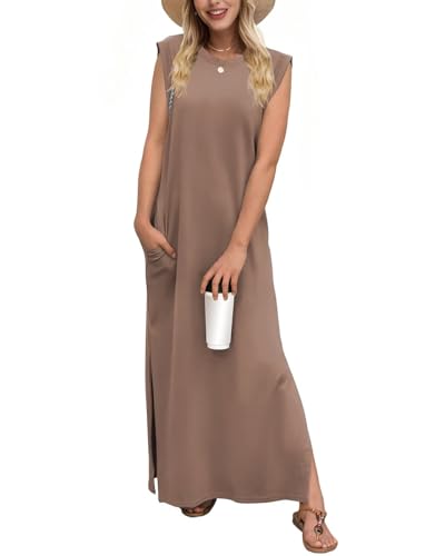 Tanmolo Damen Sommerkleid Rundhals Freizeit Lang Maxikleid Taschen Tunika Strand Kleid Lockerer Seitenschlitzen XXL Helles Kaffeebraun von Tanmolo
