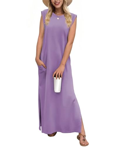 Tanmolo Damen Sommerkleid Rundhals Freizeit Lang Maxikleid Taschen Tunika Strand Kleid Lockerer Seitenschlitzen XXL Taro Violett von Tanmolo