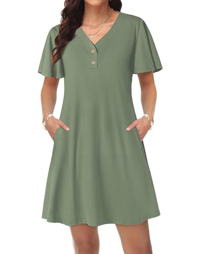 Tanmolo Damen Sommerkleid Swing Tank Kurzarm Freizeitkleid Tshirt Kleid V-Ausschnitt Knielang Strandkleid Shirtkleider M Grün von Tanmolo