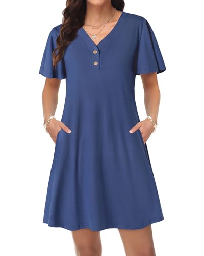 Tanmolo Damen Sommerkleid Swing Tank Kurzarm Freizeitkleid Tshirt Kleid V-Ausschnitt Knielang Strandkleid Shirtkleider L Blau von Tanmolo