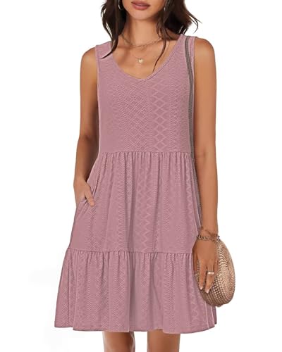 Tanmolo Damen Sommerkleider Leicht und Luftig kurz Strandkleider Urlaub V-Ausschnitt Swing Kleider Ärmelloses (Altrosa XL) von Tanmolo