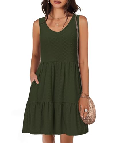 Tanmolo Damen Sommerkleider Leicht und Luftig kurz Strandkleider Urlaub V-Ausschnitt Swing Kleider Ärmelloses (Armeegrün S) von Tanmolo