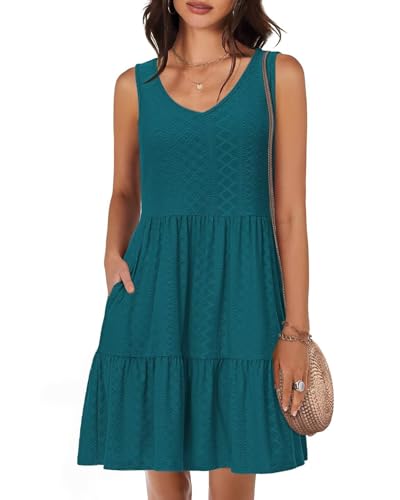Tanmolo Damen Sommerkleider Leicht und Luftig kurz Strandkleider Urlaub V-Ausschnitt Swing Kleider Ärmelloses (Blaugrün XXL) von Tanmolo