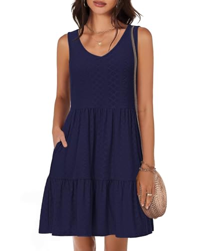 Tanmolo Damen Sommerkleider Leicht und Luftig kurz Strandkleider Urlaub V-Ausschnitt Swing Kleider Ärmelloses (Dunkelblau M) von Tanmolo