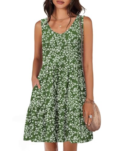 Tanmolo Damen Sommerkleider Leicht und Luftig kurz Strandkleider Urlaub V-Ausschnitt Swing Kleider Ärmelloses (Grün Blumen S) von Tanmolo