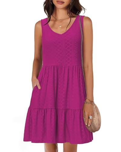 Tanmolo Damen Sommerkleider Leicht und Luftig kurz Strandkleider Urlaub V-Ausschnitt Swing Kleider Ärmelloses (Rosenrot M) von Tanmolo