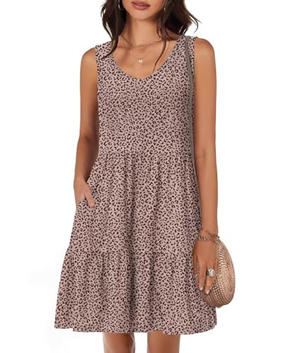 Tanmolo Damen Sommerkleider Leicht und Luftig kurz Strandkleider Urlaub V-Ausschnitt Swing Kleider Ärmelloses (Schwarz-Kleiner Leopard XXL) von Tanmolo
