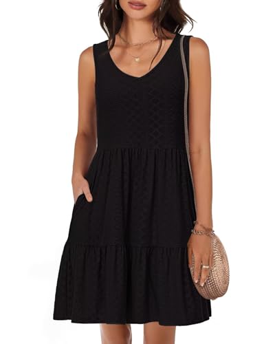 Tanmolo Damen Sommerkleider Leicht und Luftig kurz Strandkleider Urlaub V-Ausschnitt Swing Kleider Ärmelloses (Schwarz XXL) von Tanmolo