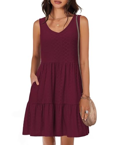 Tanmolo Damen Sommerkleider Leicht und Luftig kurz Strandkleider Urlaub V-Ausschnitt Swing Kleider Ärmelloses (Weinrot L) von Tanmolo