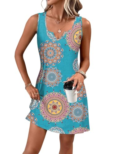 Tanmolo Damen Sommerkleider Leicht und Luftig kurz Strandkleider im Swing-Stil mit Blumenmuster Ärmelloses (Blaues Totem XL) von Tanmolo