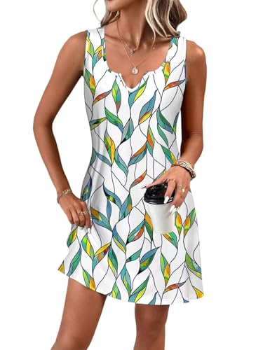 Tanmolo Damen Sommerkleider Leicht und Luftig kurz Strandkleider im Swing-Stil mit Blumenmuster Ärmelloses (Bunte Blätter M) von Tanmolo