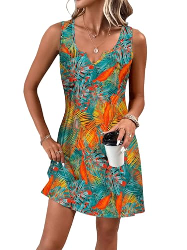 Tanmolo Damen Sommerkleider Leicht und Luftig kurz Strandkleider im Swing-Stil mit Blumenmuster Ärmelloses (Exotische Blätterpracht M) von Tanmolo