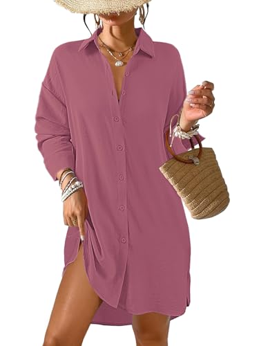 Tanmolo Damen Strandkleid Bikini Cover Up Sommer Strandbluse Strandhemd V-Ausschnitt Strandponcho Bademode Strand Vertuschen Shirt (Dunkelrosa,L) von Tanmolo