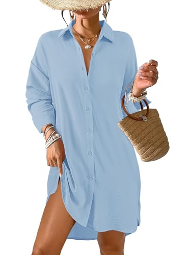 Tanmolo Damen Strandkleid Bikini Cover Up Sommer Strandbluse Strandhemd V-Ausschnitt Strandponcho Bademode Strand Vertuschen Shirt (Hellblau,M) von Tanmolo