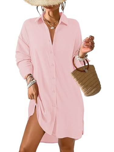 Tanmolo Damen Strandkleid Bikini Cover Up Sommer Strandbluse Strandhemd V-Ausschnitt Strandponcho Bademode Strand Vertuschen Shirt (Hellrosa,XXL) von Tanmolo