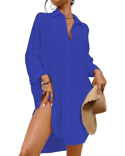 Tanmolo Damen Strandkleid Bikini Cover Up Sommer Strandbluse Strandhemd V-Ausschnitt Strandponcho Bademode Strand Vertuschen Shirt (Königsblau,M) von Tanmolo