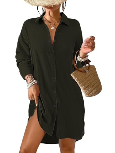 Tanmolo Damen Strandkleid Bikini Cover Up Sommer Strandbluse Strandhemd V-Ausschnitt Strandponcho Bademode Strand Vertuschen Shirt (Olivgrün,XL) von Tanmolo
