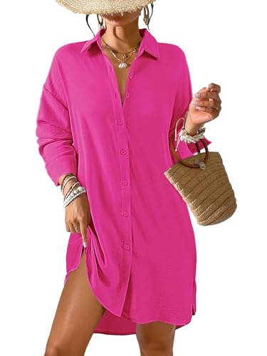 Tanmolo Damen Strandkleid Bikini Cover Up Sommer Strandbluse Strandhemd V-Ausschnitt Strandponcho Bademode Strand Vertuschen Shirt (Rosarot,M) von Tanmolo