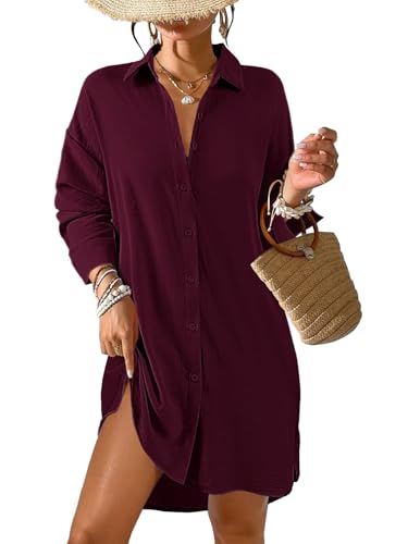 Tanmolo Damen Strandkleid Bikini Cover Up Sommer Strandbluse Strandhemd V-Ausschnitt Strandponcho Bademode Strand Vertuschen Shirt (Weinrot,L) von Tanmolo