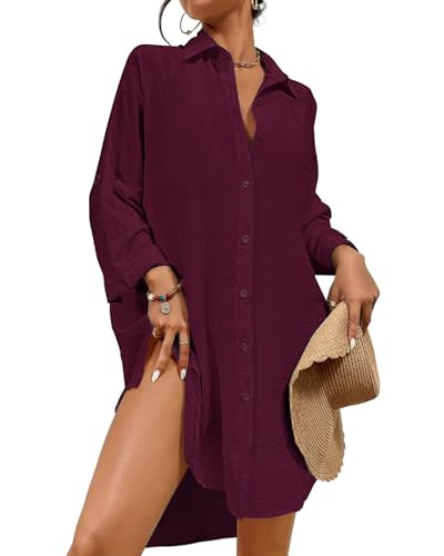 Tanmolo Damen Strandkleid Bikini Cover Up Sommer Strandbluse Strandhemd V-Ausschnitt Strandponcho Bademode Strand Vertuschen Shirt (Weinrot,XXL) von Tanmolo