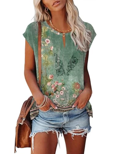 Tanmolo Damen T-Shirt Oberteile Top Sommer mit Flügelärmeln & Metallring-V-Ausschnitt Elegant Casual Shirt Bluse für Freizeit und Alltag Grün-Blumen, S Tanmolo Damen T-Shirt Oberteile Top Sommer mit Flügelärmeln & Metallring-V-Ausschnitt Elegant Casual Shirt Bluse für Freizeit und Alltag Grün-Blumen, S von Tanmolo