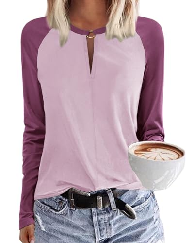 Tanmolo Damen T-Shirt V-Ausschnitt Tops Basic Langarmshirt Lässig Bluse Elegant Langarm Oberteile mit Kontrastärmeln Herbst Bekleidung Lila, L von Tanmolo