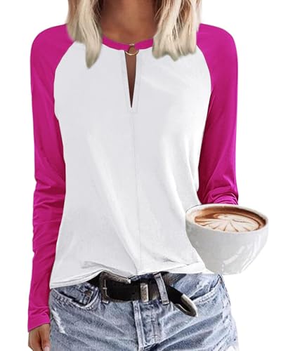 Tanmolo Damen T-Shirt V-Ausschnitt Tops Basic Langarmshirt Lässig Bluse Elegant Langarm Oberteile mit Kontrastärmeln Herbst Bekleidung Rosarot, XL von Tanmolo