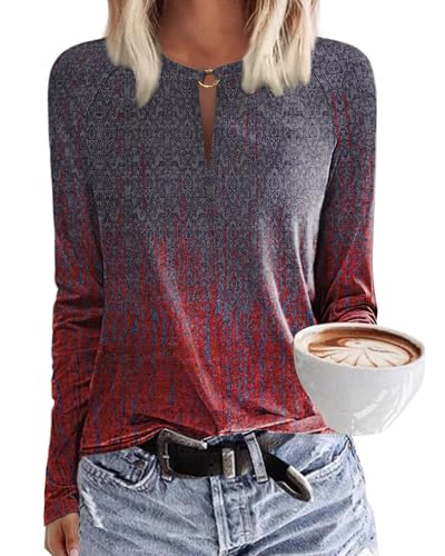 Tanmolo Damen T-Shirt mit V-Ausschnitt Tops Basic Langarmshirt Lässig Bluse Elegant Langarm Oberteile Herbst Bekleidung Farbverlauf, S von Tanmolo