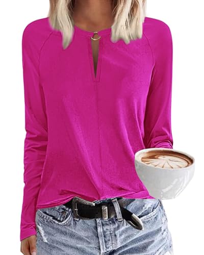 Tanmolo Damen T-Shirt mit V-Ausschnitt Tops Basic Langarmshirt Lässig Bluse Elegant Langarm Oberteile Herbst Bekleidung Rosarot, S von Tanmolo