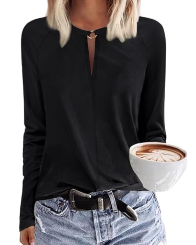 Tanmolo Damen T-Shirt mit V-Ausschnitt Tops Basic Langarmshirt Lässig Bluse Elegant Langarm Oberteile Herbst Bekleidung Schwarz, L von Tanmolo