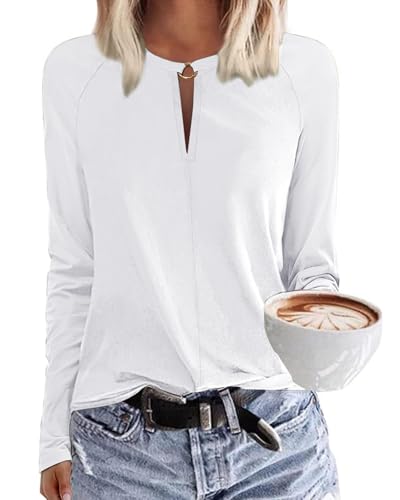 Tanmolo Damen T-Shirt mit V-Ausschnitt Tops Basic Langarmshirt Lässig Bluse Elegant Langarm Oberteile Herbst Bekleidung Weiß, XL von Tanmolo