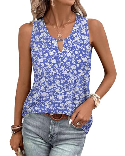 Tanmolo Damen Tank Top Ärmellos Tanktops Sommer T Shirt Basic Oberteile Blusentop Lässige Top Plissierte Bluse Blau-Kleine Blumen, M von Tanmolo