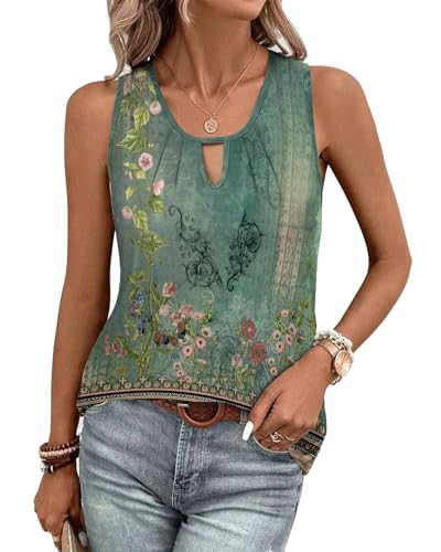 Tanmolo Damen Tank Top Ärmellos Tanktops Sommer T Shirt Basic Oberteile Blusentop Lässige Top Plissierte Bluse Grün-FH, XXL von Tanmolo
