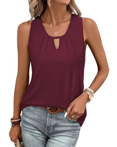 Tanmolo Damen Tank Top Ärmellos Tanktops Sommer T Shirt Basic Oberteile Blusentop Lässige Top Plissierte Bluse Weinrot, XXL von Tanmolo