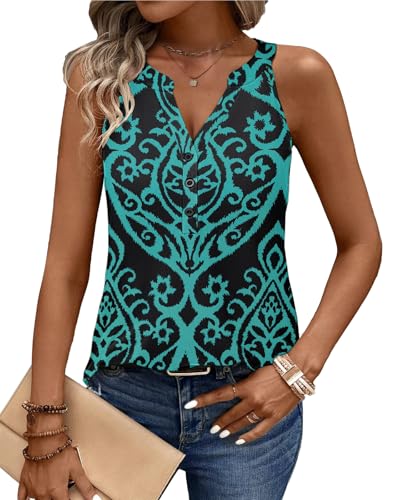 Tanmolo Damen Tank Top Ärmellos V-Ausschnitt Tanktops Sommer T Shirt Basic Oberteile Lässige Top Neckholder Bluse Grünes Rankenmuster, S von Tanmolo