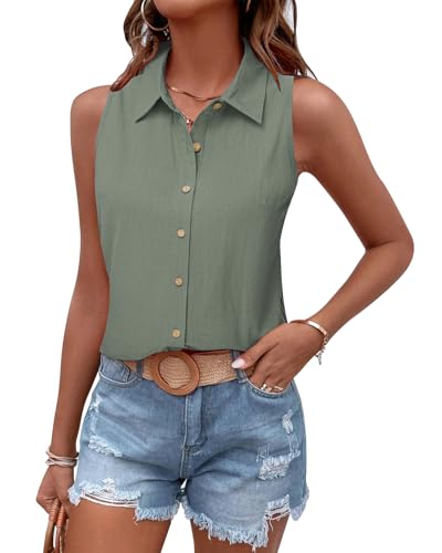 Tanmolo Damen Tank Top Sommer T Shirt Ärmellos Baumwolle Tanktops V-Ausschnitt Shirts Basic Oberteile Lässige Top Graugrün, XXL von Tanmolo