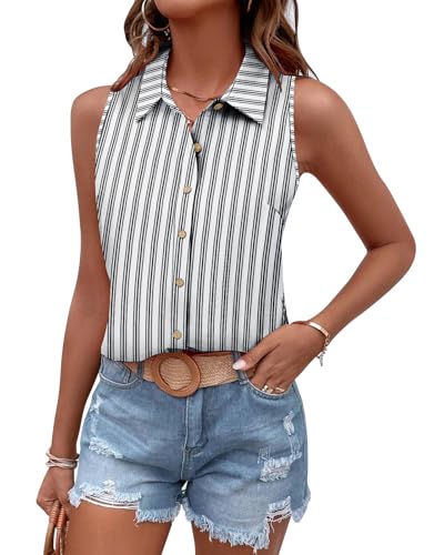 Tanmolo Damen Tank Top Sommer T Shirt Ärmellos Baumwolle Tanktops V-Ausschnitt Shirts Basic Oberteile Lässige Top Weiß-Schwarz gestreift, S von Tanmolo