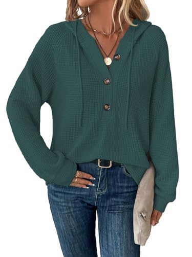 Tanmolo Hoodie Damen Kapuzenpullover Knopfleiste Leichter Pullover Langarm Sweatshirt Tops für Herbst(Dunkelgrün, L) von Tanmolo